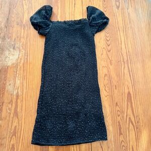 ReVamped Black Polka Dot Smocked Mini Dress Sheer Puff Sleeve Square Neck Size M